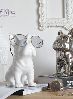 银色陶瓷法斗斗牛犬墨镜狗狗储蓄罐存钱罐艺术轻奢动物软装饰摆件