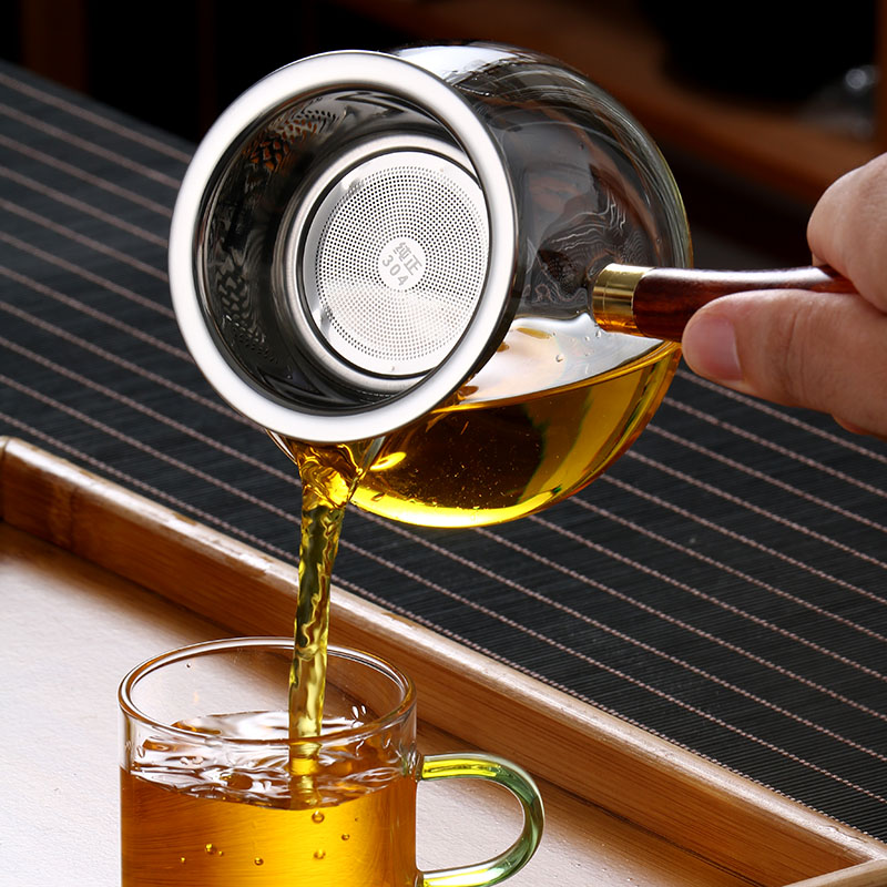 侧把耐热玻璃加厚公道杯茶漏一体套装分茶器木把公杯高档茶海过滤