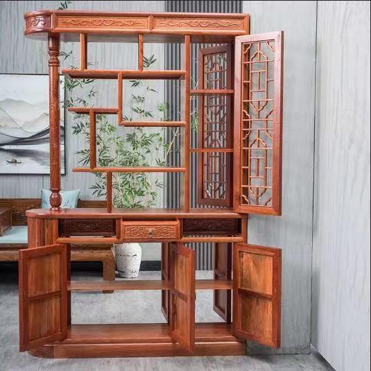 新中式玄关柜实木入户柜家用门口双面屏风柜大容量雕花进门隔断柜