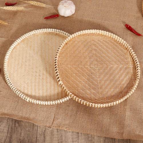 越南竹编细孔无孔竹筛子绑边圆簸箕家用馒头筐蒸盘晾晒小托盘竹盘