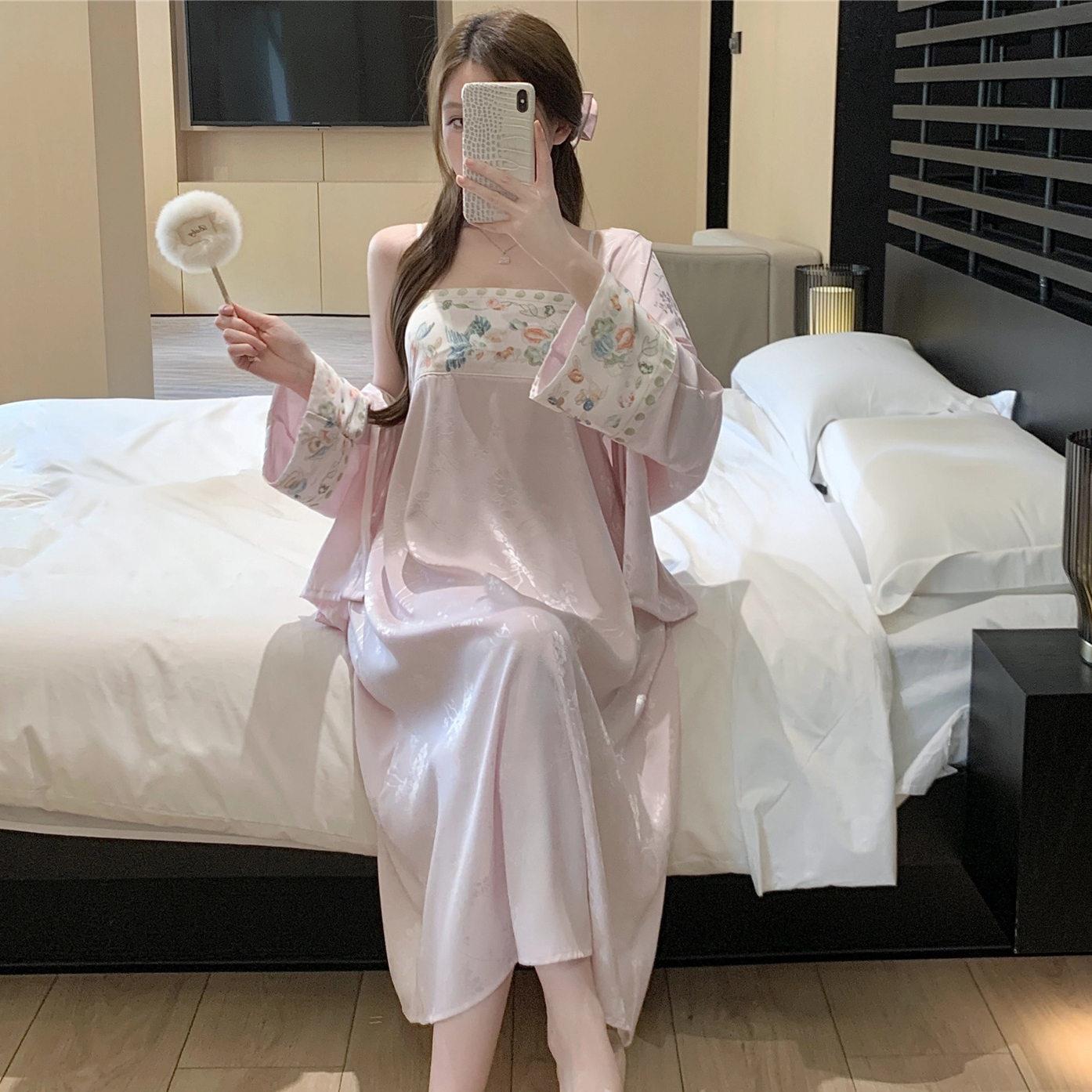 新中式国风睡衣女款夏季冰丝带胸垫吊带睡裙两件套春秋长袖居家服图片