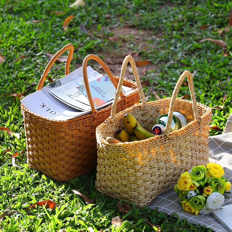 北欧式野餐手提篮塑料藤编户外采摘手提篮超市购物篮拍照道具篮子