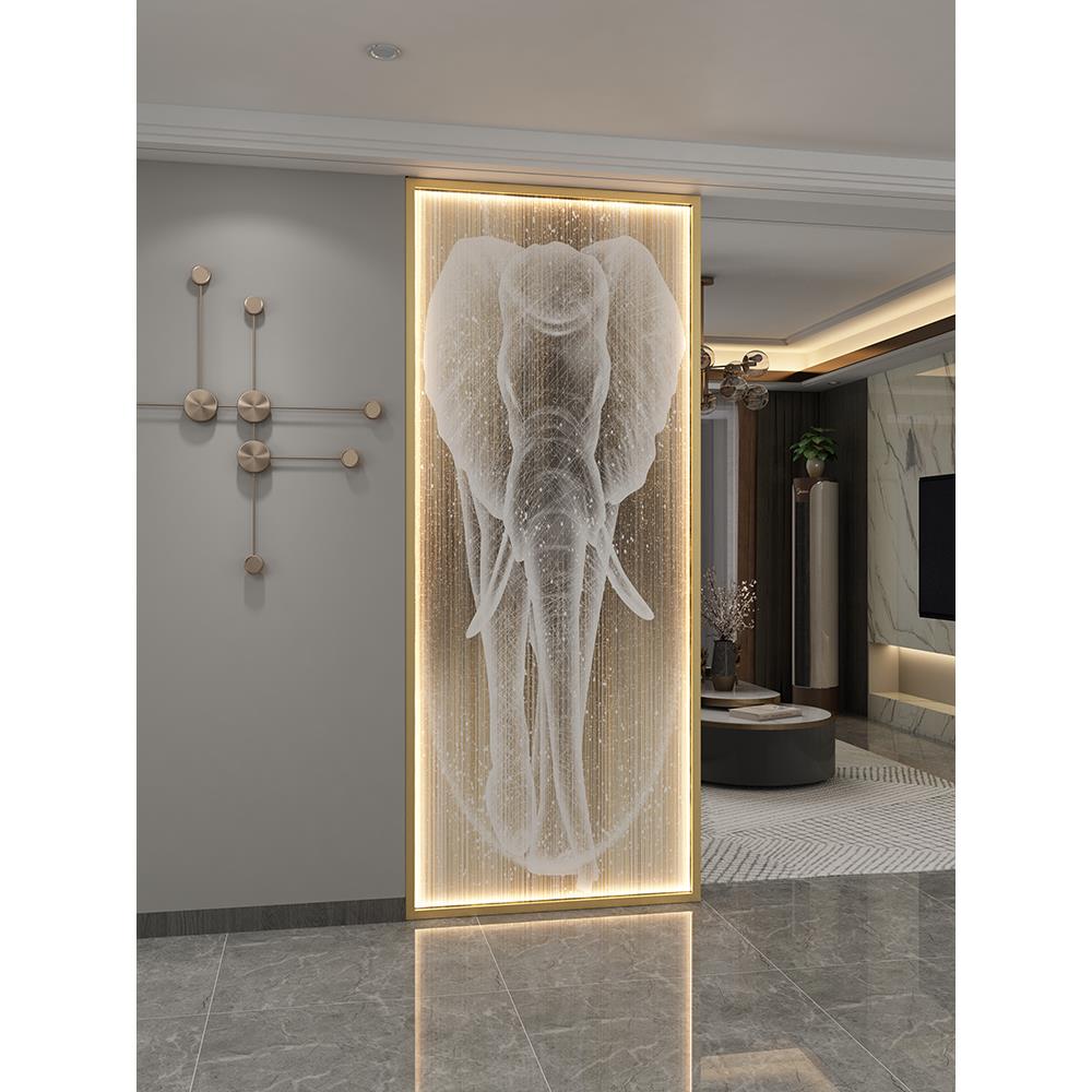 现代艺术彩绘钢化玻璃不锈钢隔断餐客厅入户进门遮挡发光灯带屏风