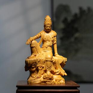 小叶黄杨木雕刻工艺品收藏文玩家居自在菩萨佛像摆件辽代水月观音