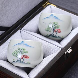 岚宫窑 中式 复古手绘情侣主人杯陶瓷对杯功夫茶杯茶碗一对礼盒装