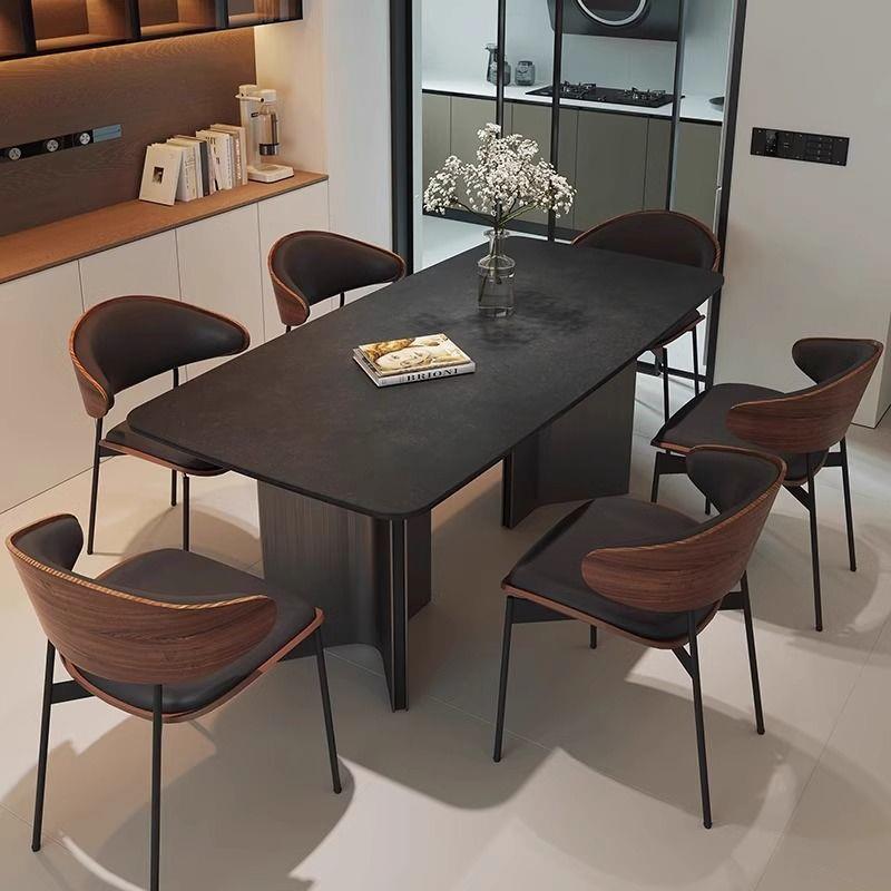 意式极简纯黑全托加厚岩板餐桌椅组合现代简约感长方形饭桌s^