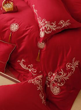 简约中式婚庆四件套全棉100S长绒棉红色喜字刺绣结婚被套床单床笠