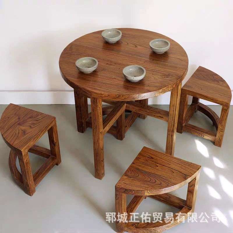 复古老榆木小圆桌家用客厅吃饭餐桌多人组合餐桌椅组合实木喝茶桌