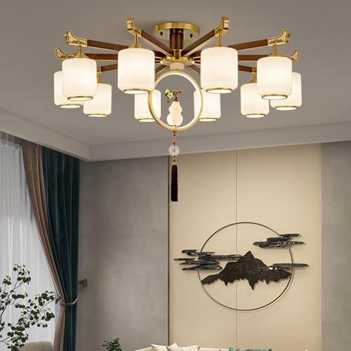 新中式吊灯全铜乌檀木朝下客厅灯餐厅卧室书房别墅大厅主灯中式灯