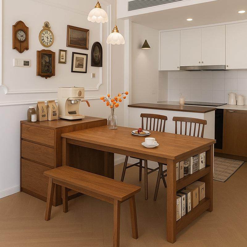 实木餐桌一桌四椅组合家用小户型出租房用大板桌边柜一体储物饭桌