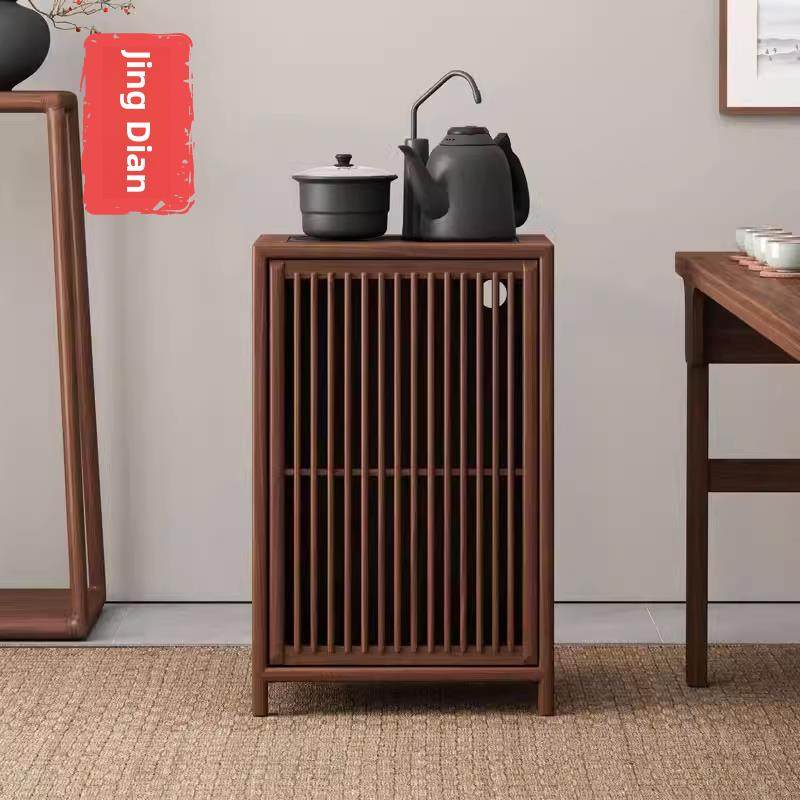 小户型茶水柜黑胡桃木茶边柜实木烧水柜下置水桶小茶水柜侧边柜子