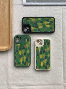 小白绘绿色森林插画iPhone13promax苹果15手机壳小米14全包防摔mate60软套华为nova12plus羊皮p70荣耀100适用