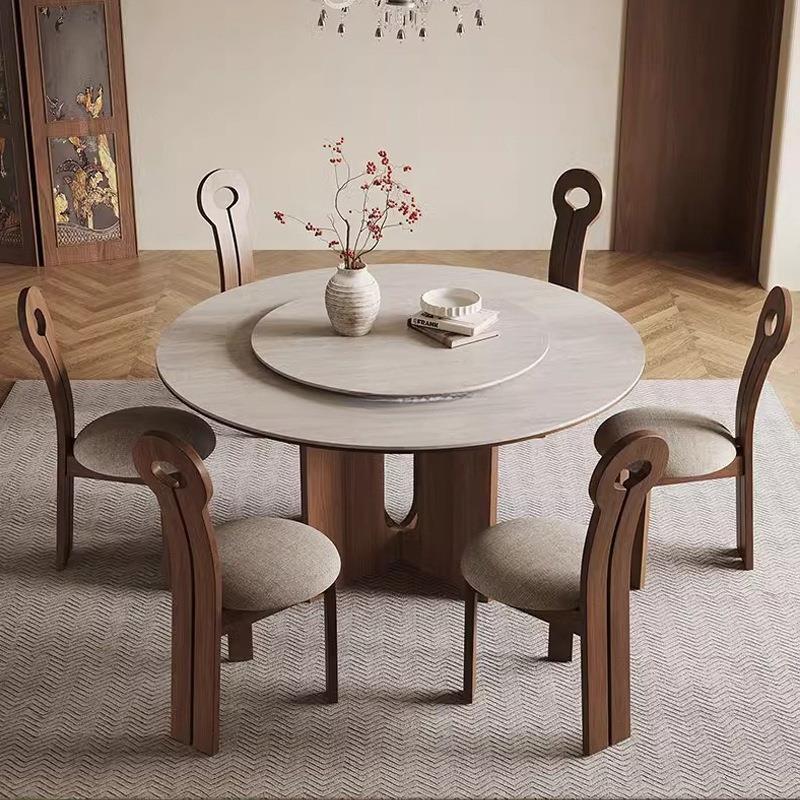 中古风实木胡桃色圆形餐桌法式复古大户型家用洞石岩板餐桌椅组合