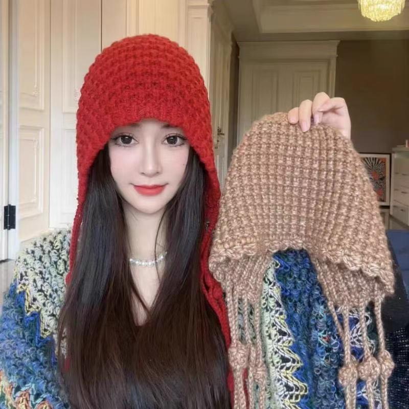 手工编织款流苏球球帽加厚保暖包头帽女冬天护耳绑带帽针织毛线帽
