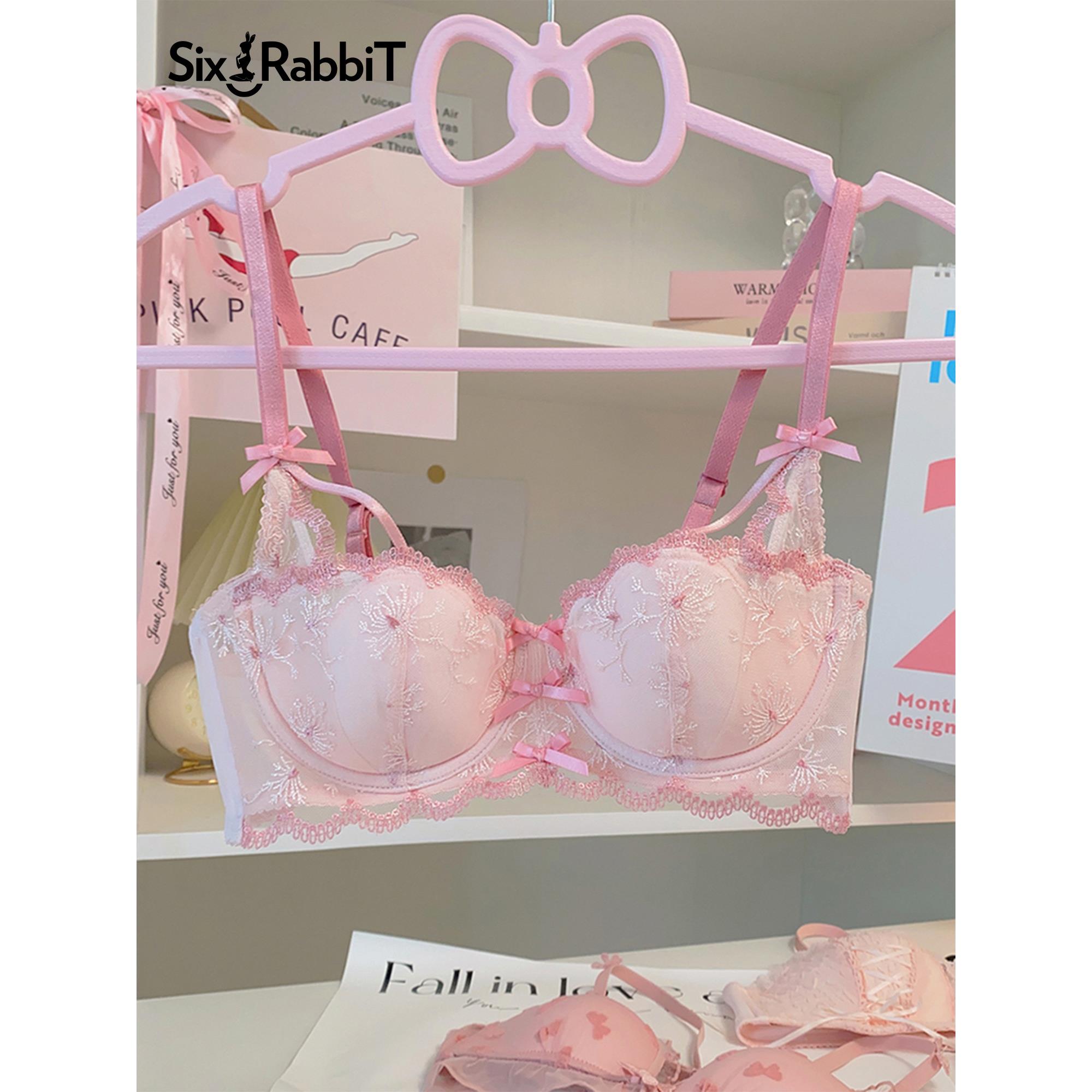 六只兔子小粉糖粉红暴击内衣女小胸聚拢文胸蕾丝无钢圈薄款胸罩女