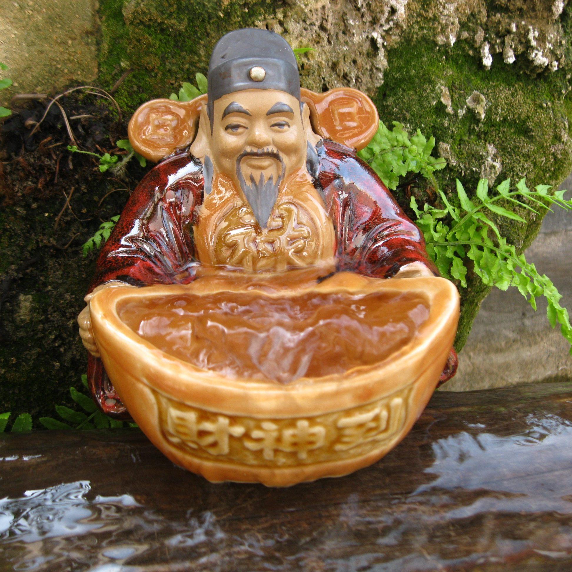 中式手工陶瓷财神到流水盆人物假山园林流水招财水景摆件装饰造景