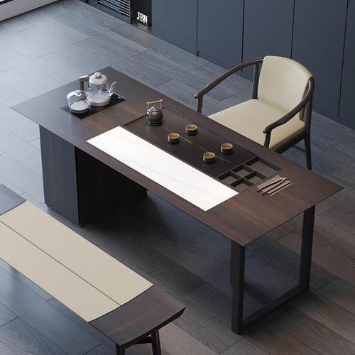 轻奢茶桌现代简约实木家用高档烧水壶一体嵌入式阳台2024新款茶台