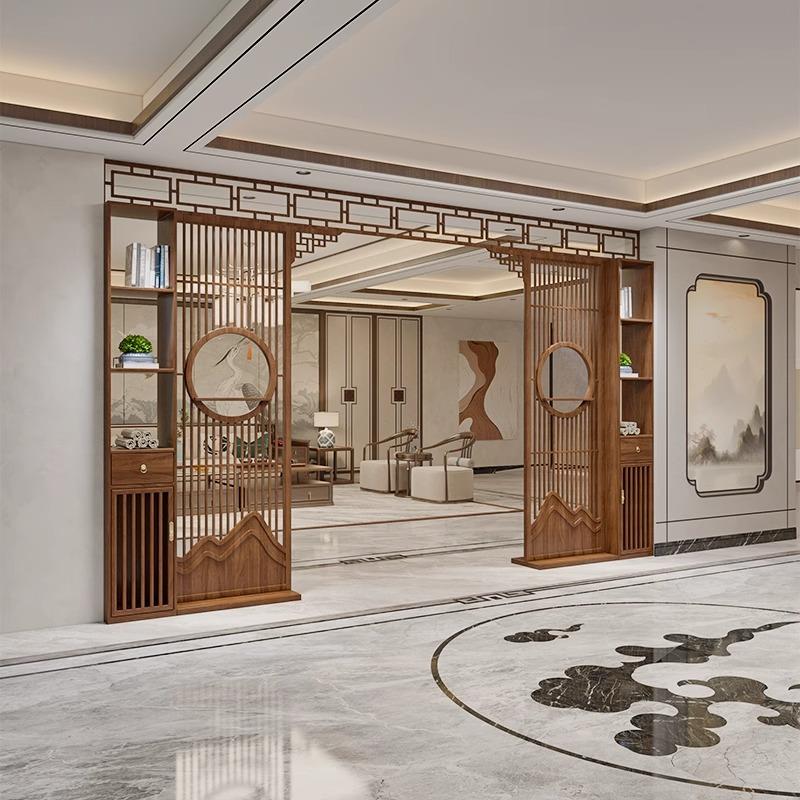 新中式实木屏风入户客厅餐厅隔断玄关柜镂空月亮门拱门置物架遮挡