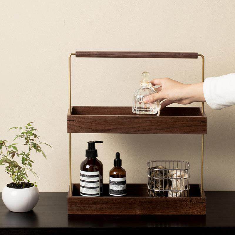 素风化妆品收纳盒桌面高级感轻奢黑胡桃实木盒子台面置物架收纳层