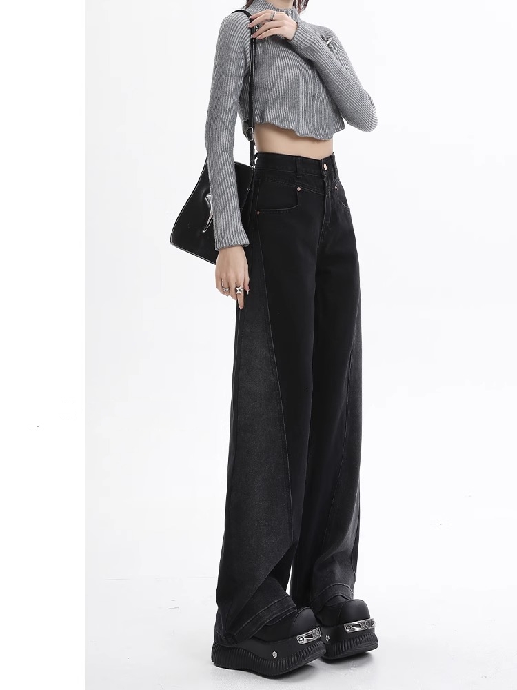 2025年秋装新款高腰阔腿牛仔裤女深蓝色高腰垂感显瘦宽松直筒裤子