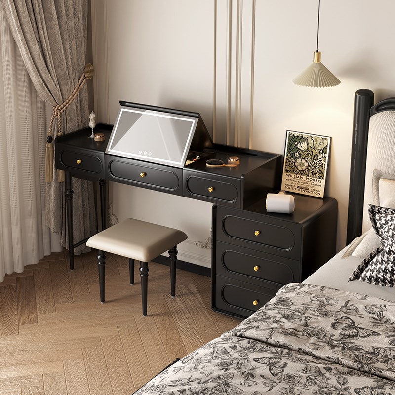 法式复古实木翻盖梳妆台斗柜一体现代简约卧室高级感黑色化妆台桌