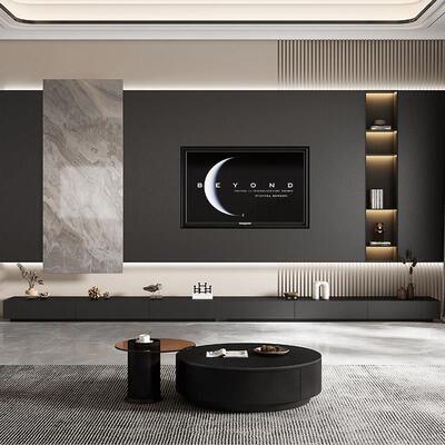 黑色岩板地台长条定制电视柜现代简约客厅意式极简地柜壁炉柜储物