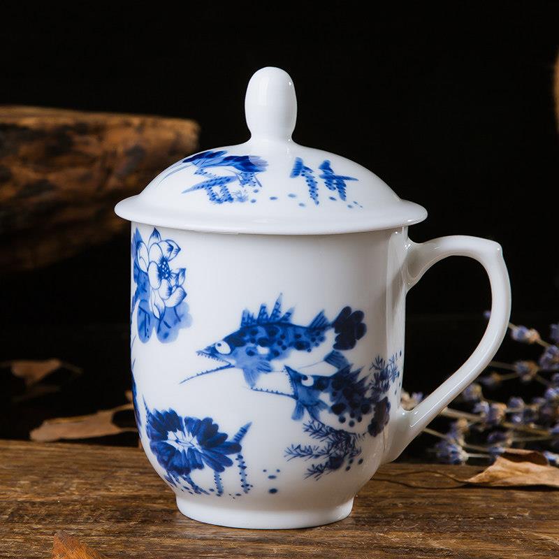 景德镇茶杯陶瓷办公杯带盖水杯大号青花瓷白瓷杯办公室会议泡茶杯