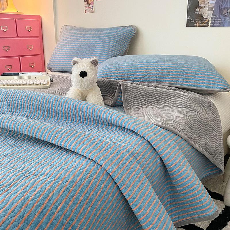 一面绒一面纯棉床盖婴儿绒加厚夹棉三件式床组双面两用全棉绒炕盖