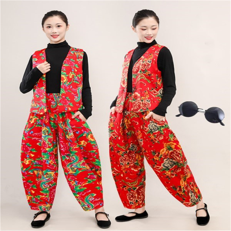 从小卖蒸馍舞蹈同款舞蹈服东北大花布马甲套装打鼓服二人转秧歌服
