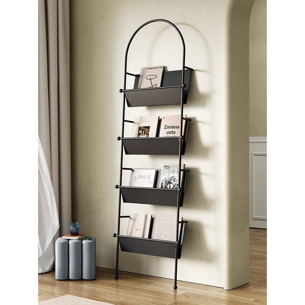书架落地铁艺靠墙客厅杂志架黑色中古网红书报架书刊展示架置物架