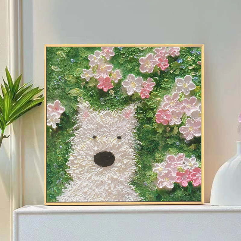 可爱小狗肌理画石英砂丙烯数字油画diy手工材料包卡通狗狗装