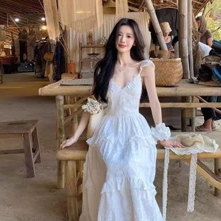 白色森系仙女裙子气质超仙吊带长裙海边度假风蕾丝露背连衣裙夏季