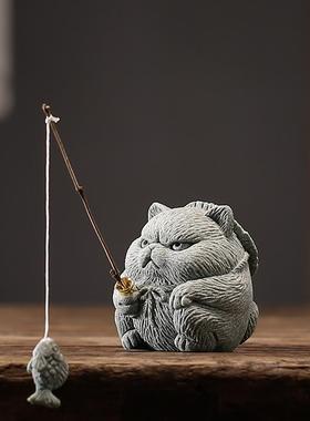 卡通可爱小猫咪茶宠动物摆件创意侠客猫钓鱼香插香托鱼缸桌面