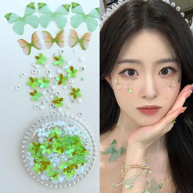 演唱会王源应援贴脸饰品舞台妆立体薄纱蝴蝶珍珠钻石眼妆亮钻绿色