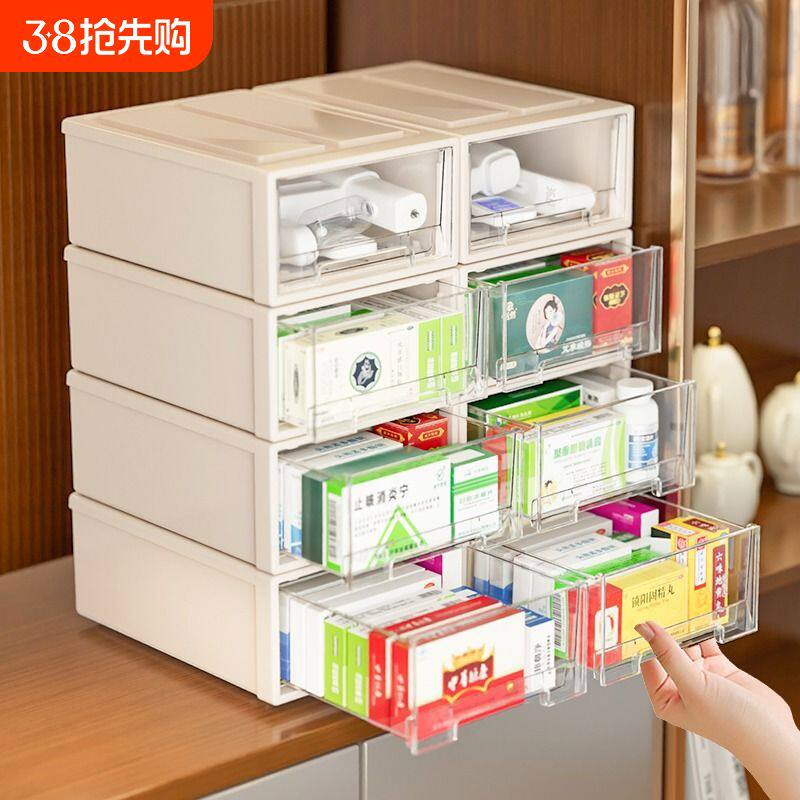 透明药箱家庭装药收纳盒家用抽屉式办公桌面药物收纳杂物整
