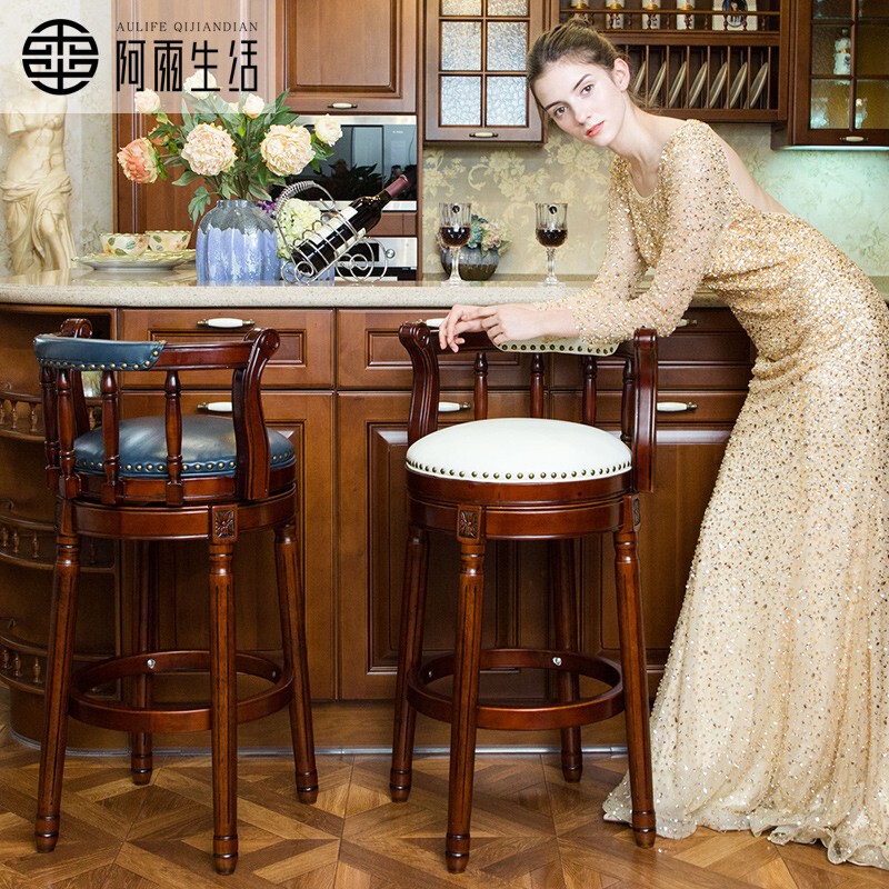 美式实木吧台椅 欧式靠背高脚凳 轻奢复古真皮旋转吧凳高脚椅家用