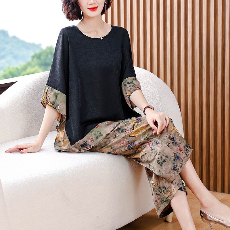 香云纱真丝套装妈妈装2025夏装新款中老年上衣阔腿裤时尚女两
