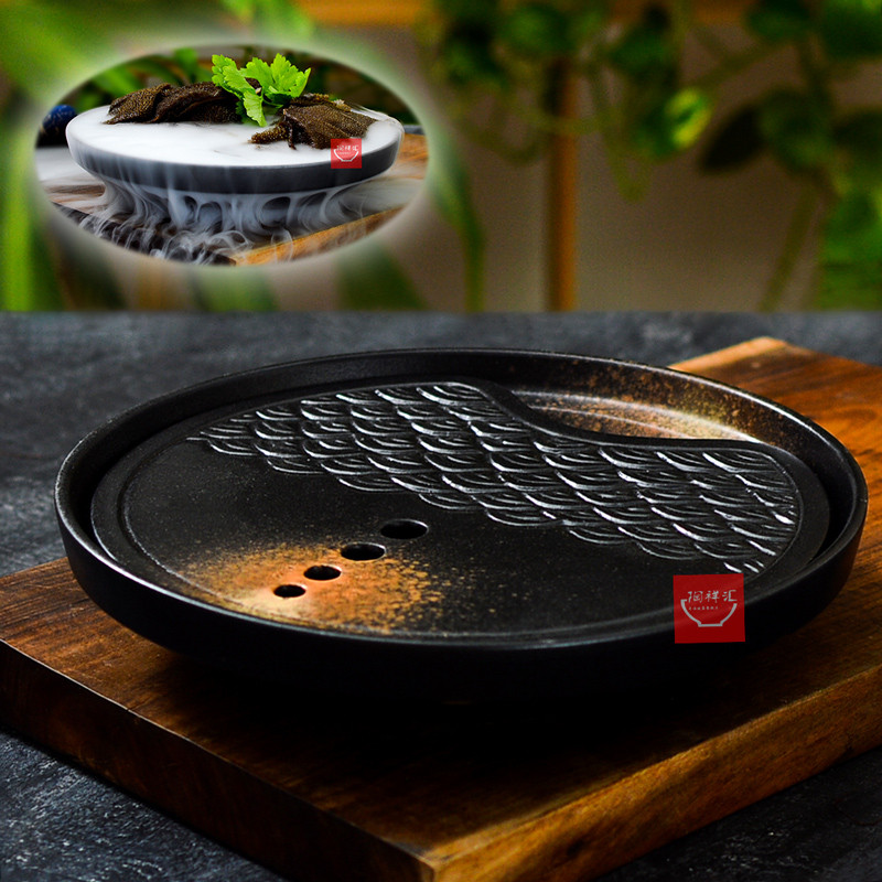 日式陶瓷黑色圆形复古创意境分子料理刺身干冰托盘火锅店餐具器皿