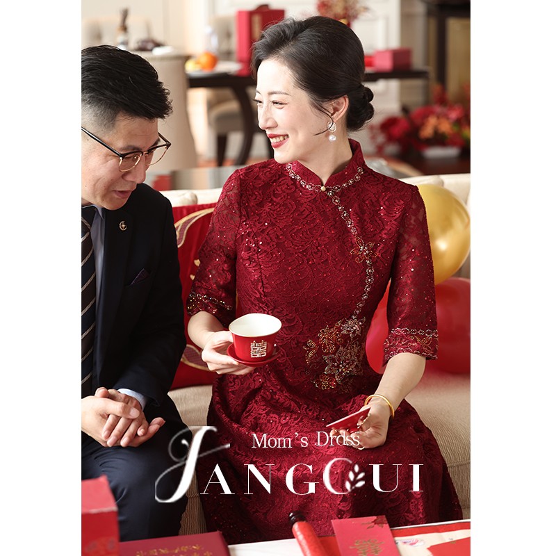 红色高端喜婆婆婚宴装旗袍年轻结旗袍