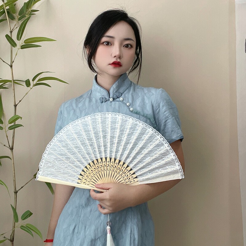中国风小折扇黑色蕾丝古风扇子复古典女士旗袍舞蹈扇夏季折叠
