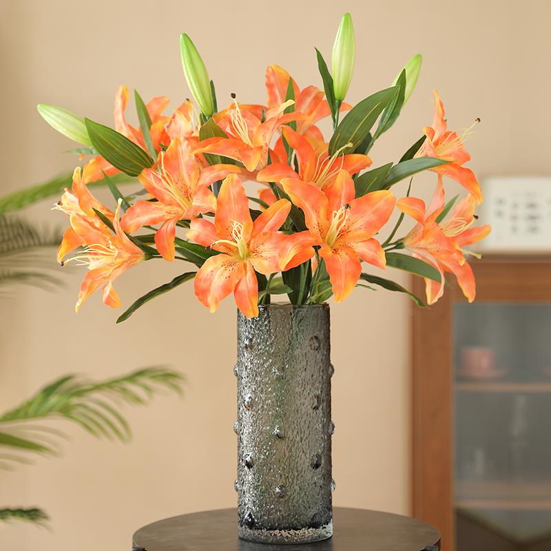 高档5头雅致百合仿真花束假花绢花塑料花摆设 客厅装饰品餐桌