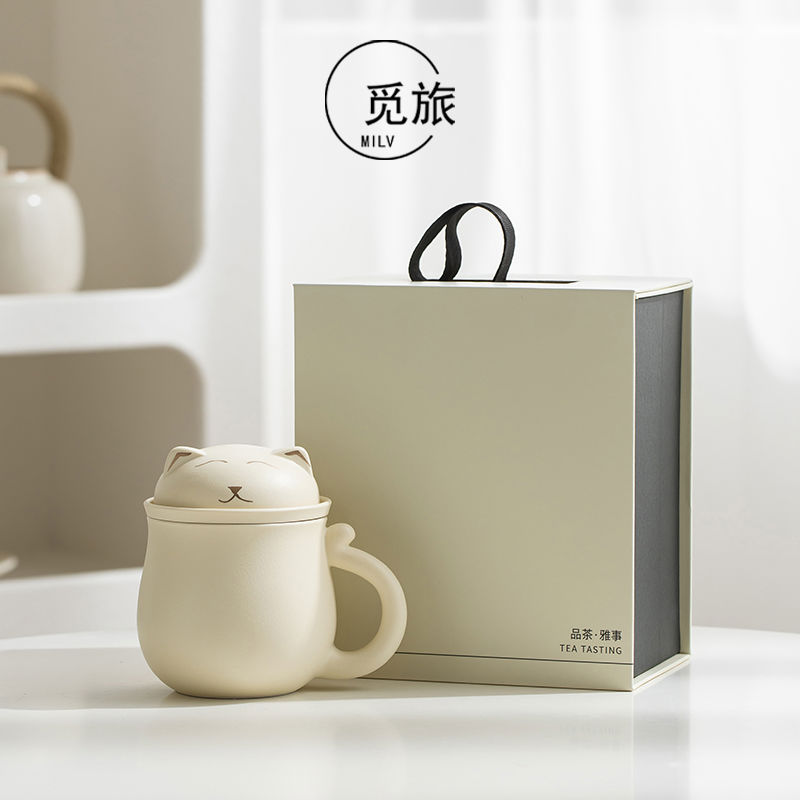 卡通招财猫三件式办公杯个人泡茶杯带盖过滤茶水分离情侣水杯