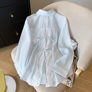 宽松衬衣 设计感后背开叉绑带拼接蕾丝长袖 防晒衬衫 外套女夏季 薄款