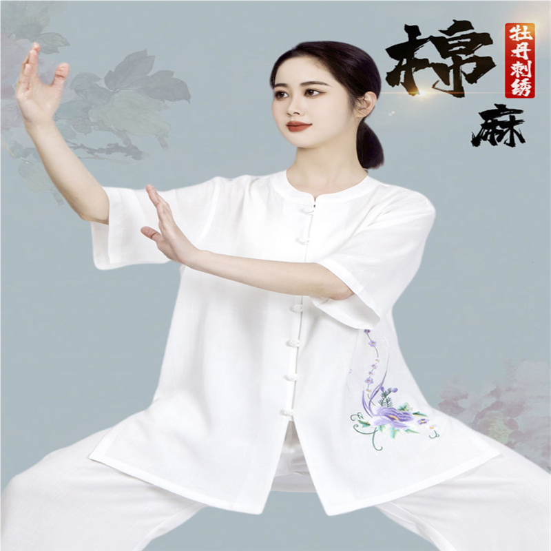 高端新款棉麻亚麻太极拳练功服短袖女士夏天薄款太极服女夏季2025