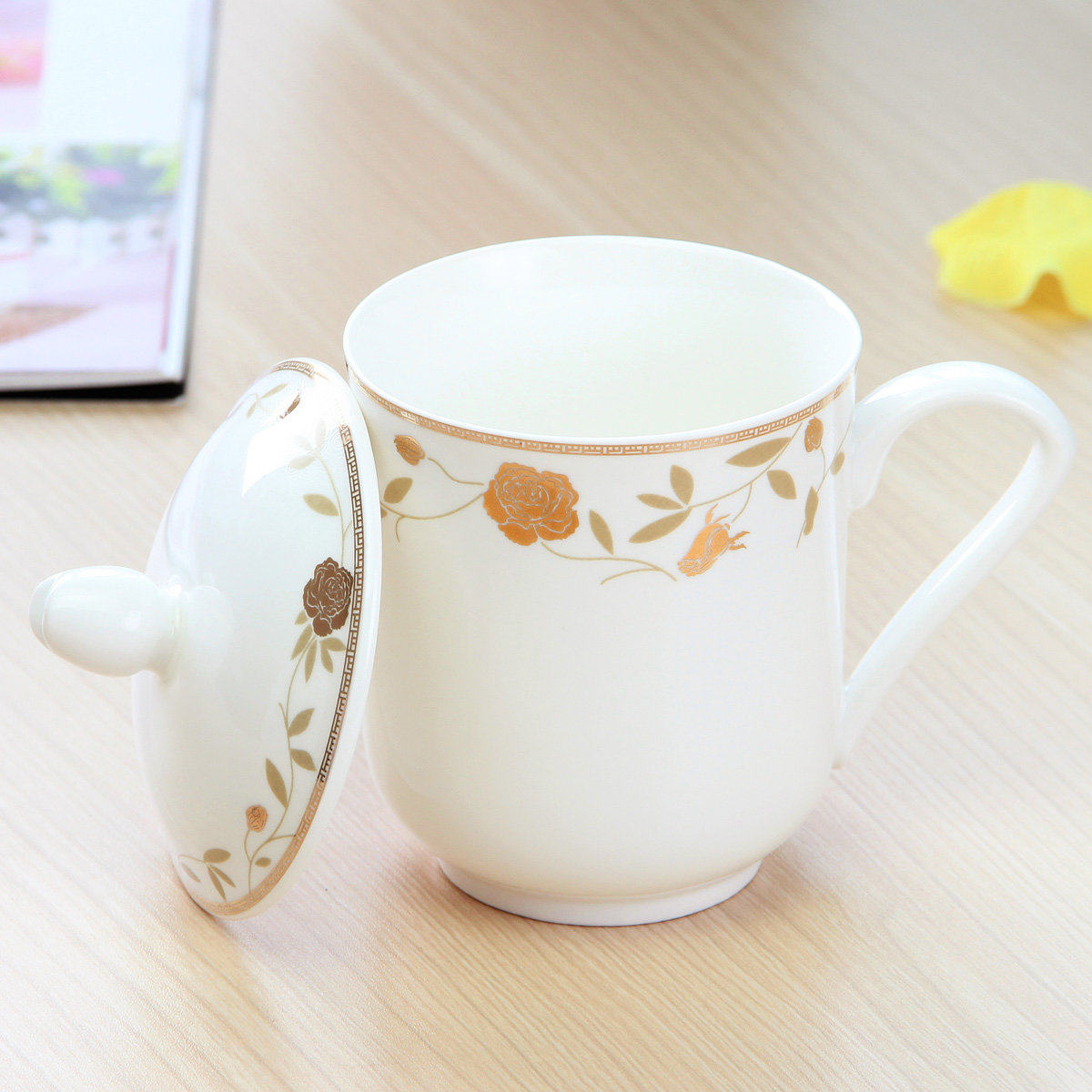 景德镇陶瓷白色会议杯陶瓷杯子务办公杯带盖水杯宾馆家用杯中式