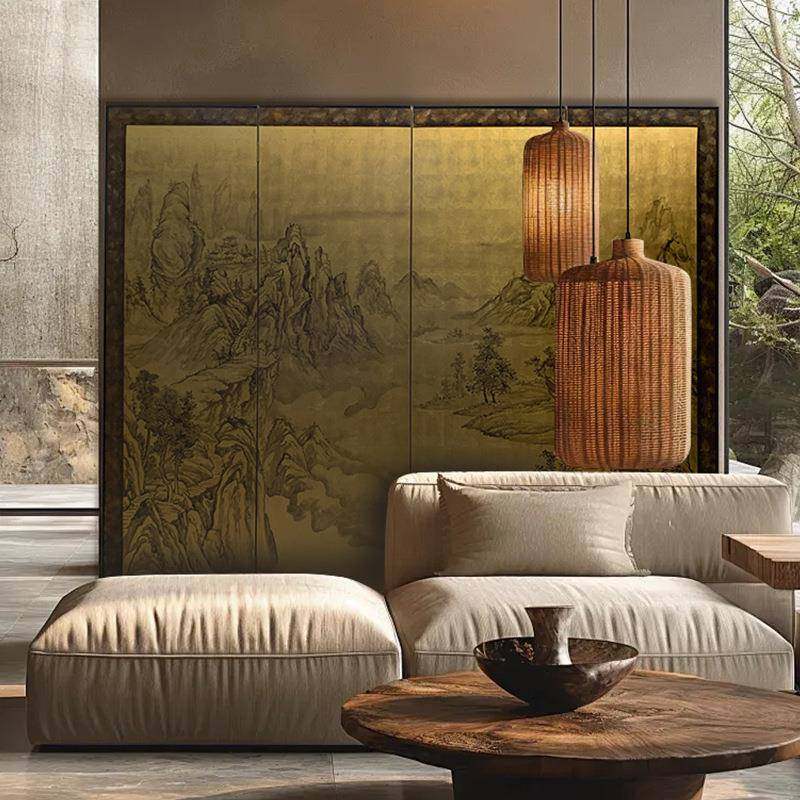 客侘界仿动古金箔CFJ可折叠移实木屏风手绘笔工山水漆画厅隔断茶,标准件/零部件/工业耗材,车间地垫,淘宝优惠券,粉丝福利购,淘宝优惠卷