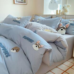 蓝色狗毛巾绣棉床上四件TAM套卡通纯棉被全套床单风儿童三狗件套