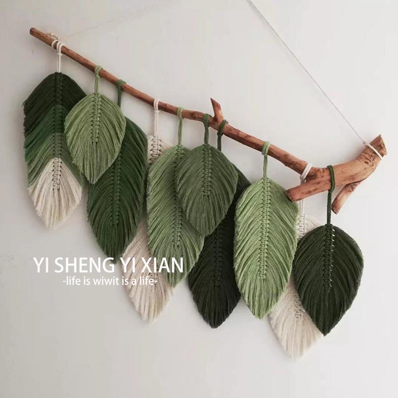 手工编织叶子羽挂壁毯挂装饰宿毛软装波西th$*&j#h米亚挂民画成品
