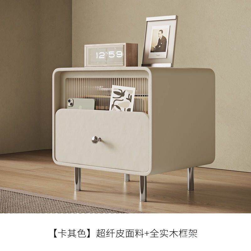 意式极简轻奢木床质头柜简约现代法式00奶油风储物柜黑色皮实边床