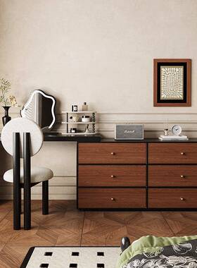 法轻式复古梳妆台斗柜实黑色室收纳柜一体IGU木卧化妆桌化妆柜中